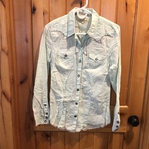 Women’s Sz L Stetson Mint Pearl Snap Long Sleeve Shirt